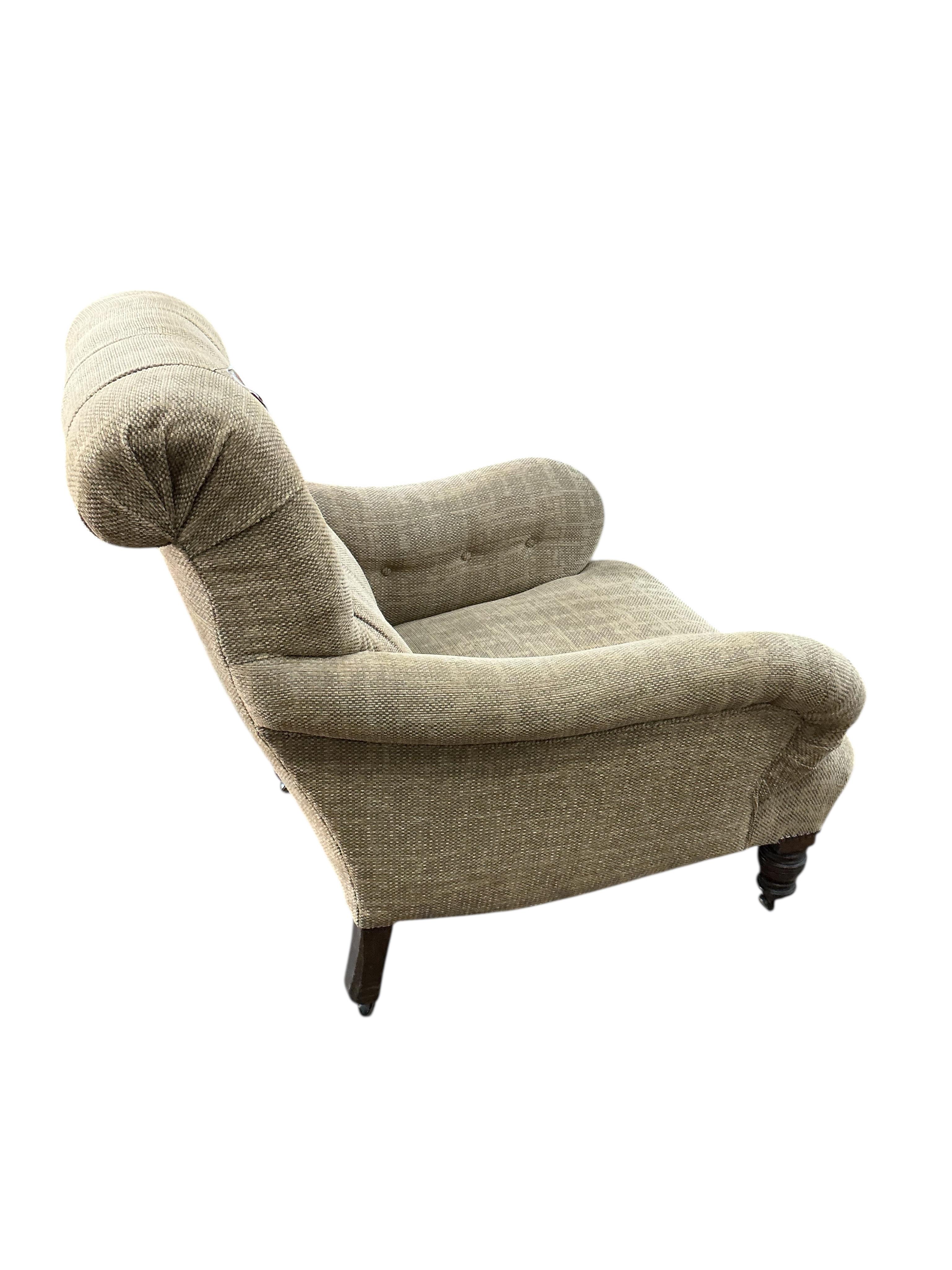 A Victorian Howard style armchair upholstered in buttoned brown tweed type fabric, width 82cm, depth 88cm, height 86cm